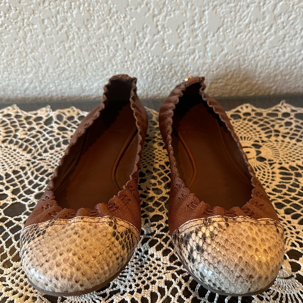 Tory Burch Chestnut Brown Snakeskin Cap Toe Abbey Leather Ballet Flats